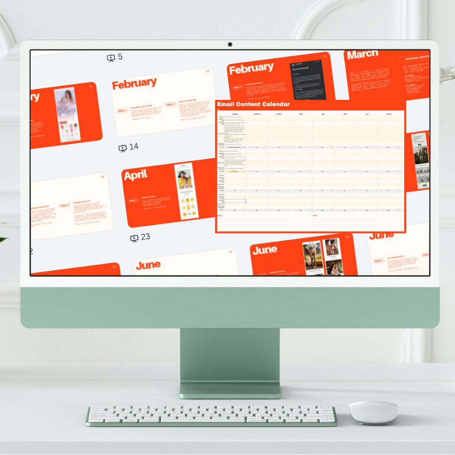A desktop computer monitor on a desk displaying a fashion email marketing calendar template with orange and white slides. Large orange text at the top reads 'THE FASHION EMAIL MARKETING CALENDAR'.